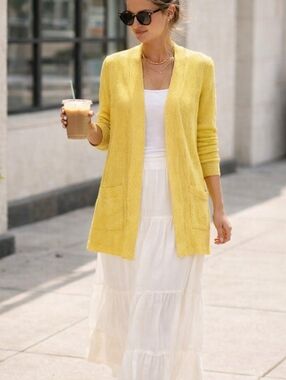 Talbots 100% Linen Open Front Cardigan Yellow Lightweight Summer Sweater Size Sm